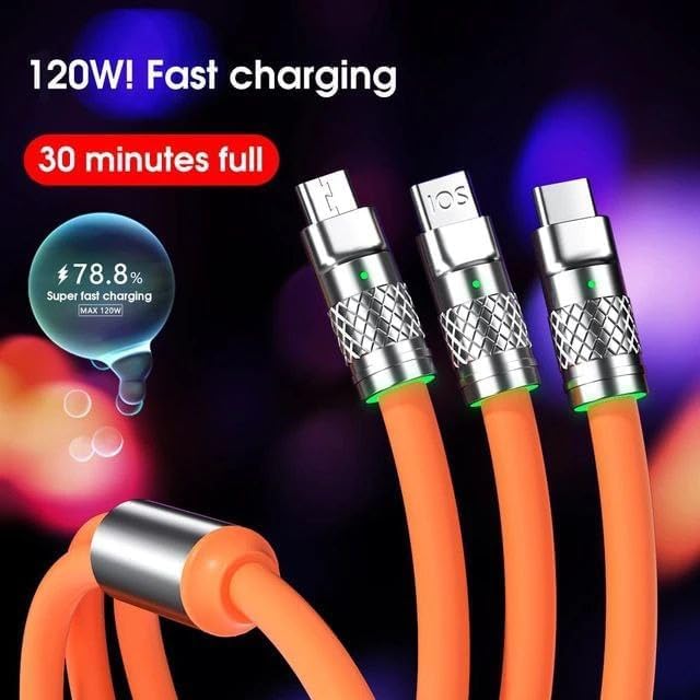 FROCEL 120Watt 3 in 1 Charger Cable Portable Retractable Fast Charging Cable For All Smartphone And Multi-Function Use (Round Cable - Random Colour)