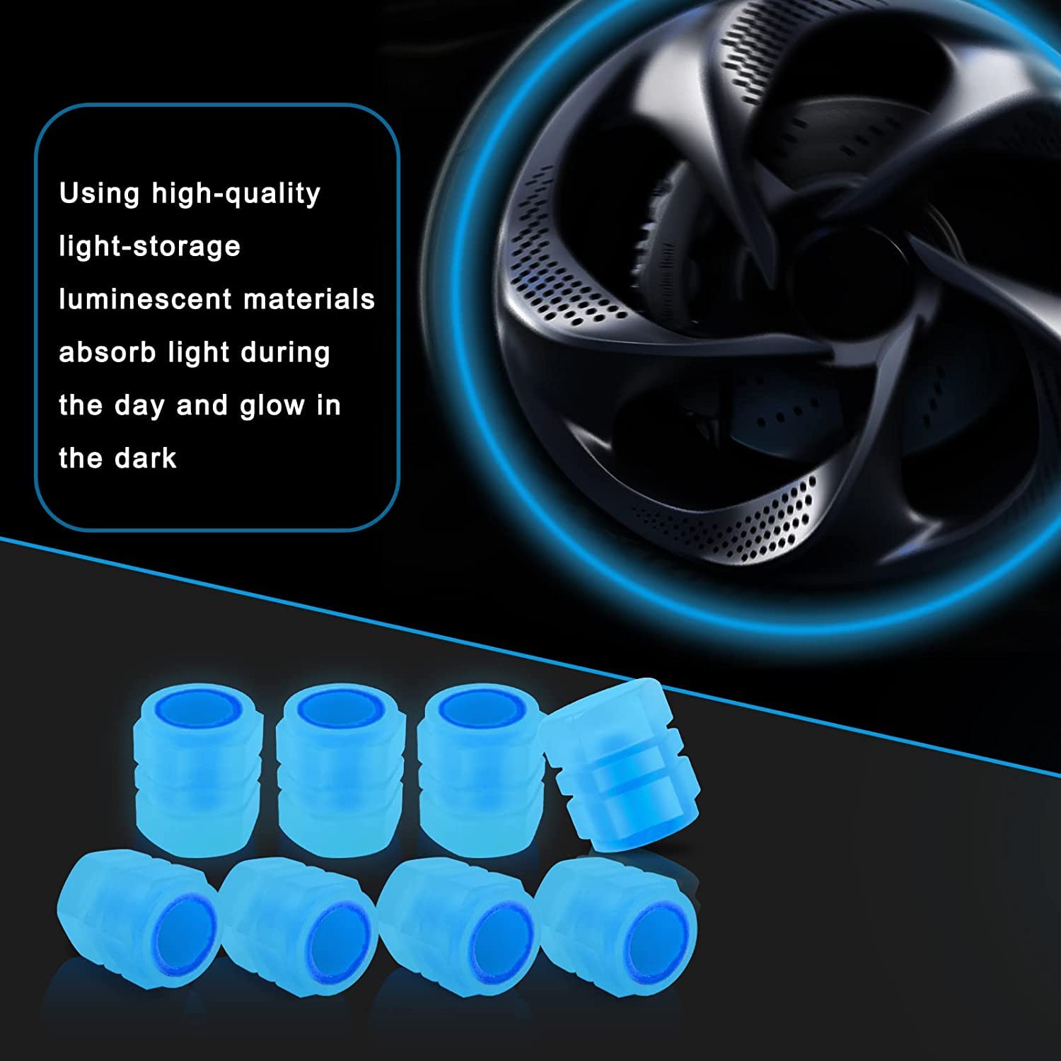 Careflection || Luminous Wheels Cap Tire Valve Stem, Glow Luminous at Night, Air Caps Cover Fluorescent, Illuminated Auto Car Wheel Valve Stem Caps Cover for SUV, Motorcycles, Truck (8 PCS, Blue)