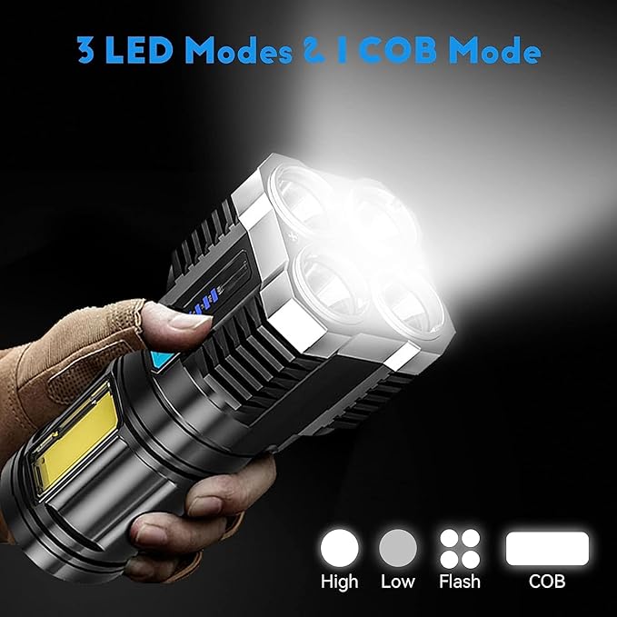 Rechargeable Flashlight,Super Bright LED Flashlight Waterproof Handheld Flashlight with 4 Modes for Camping Emergency Hiking (Black)