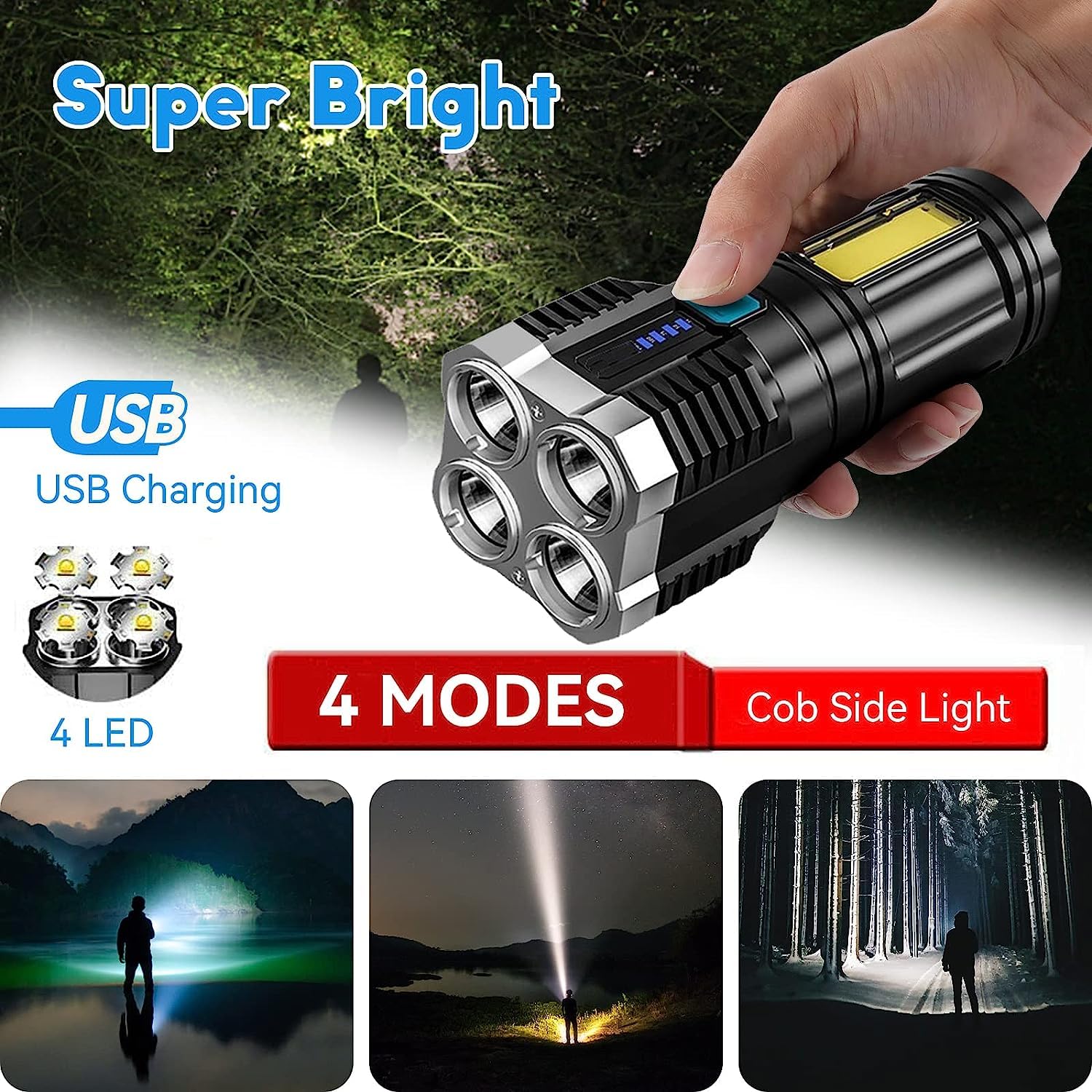 Rechargeable Flashlight,Super Bright LED Flashlight Waterproof Handheld Flashlight with 4 Modes for Camping Emergency Hiking (Black)