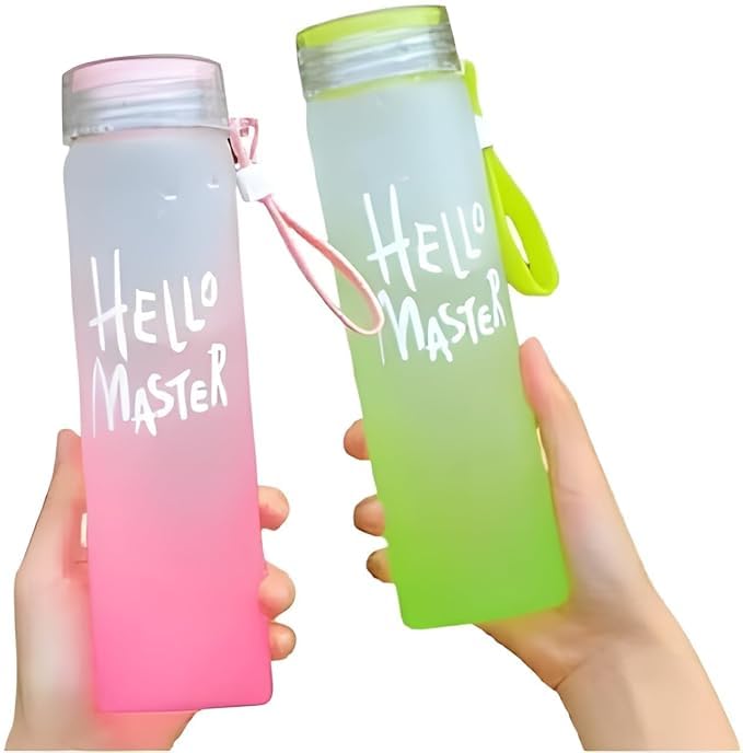 GRETZOMALL Hello Master Glass Water Bottle 500ml Reusable Elegant Bottles for Juice, Water, Cold Drinks - Perfect for Home, College, Office, Gym, Travel [ Pack of 2]