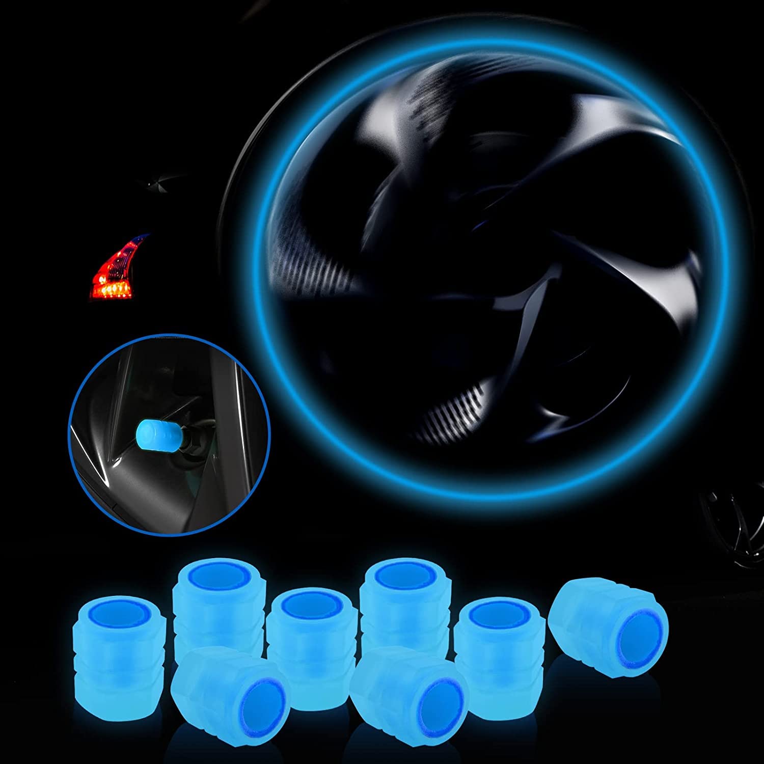 Careflection || Luminous Wheels Cap Tire Valve Stem, Glow Luminous at Night, Air Caps Cover Fluorescent, Illuminated Auto Car Wheel Valve Stem Caps Cover for SUV, Motorcycles, Truck (8 PCS, Blue)